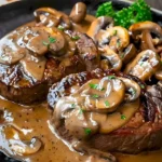 Saftige Rindersteaks in Pilzsauce serviert mit Beilagen