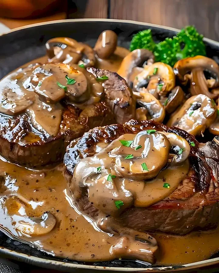 Saftige Rindersteaks in Pilzsauce serviert mit Beilagen
