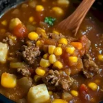 Herzhaften Rindfleisch Eintopf mit Mais auf einem Teller angerichtet