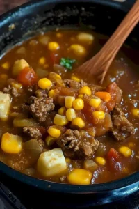 Herzhaften Rindfleisch Eintopf mit Mais auf einem Teller angerichtet