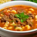 Schüssel mit Rindfleisch Tomaten-Makkaroni-Suppe, frisch und einladend serviert.