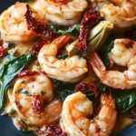 Tuscan Shrimp mit Spinat, Artischocken und sonnengetrockneten Tomaten auf einem Teller serviert.