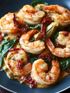 Tuscan Shrimp mit Spinat, Artischocken und sonnengetrockneten Tomaten auf einem Teller serviert.