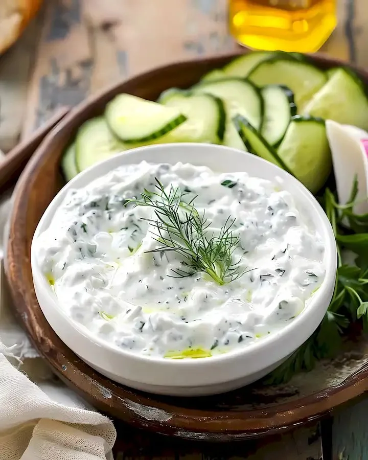 Selbstgemachte Tzatziki-Sauce mit Joghurt, Gurken und frischen Kräutern.