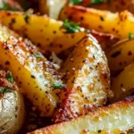 Überbackene Knoblauch-Parmesan-Kartoffelspalten serviert auf einem Teller