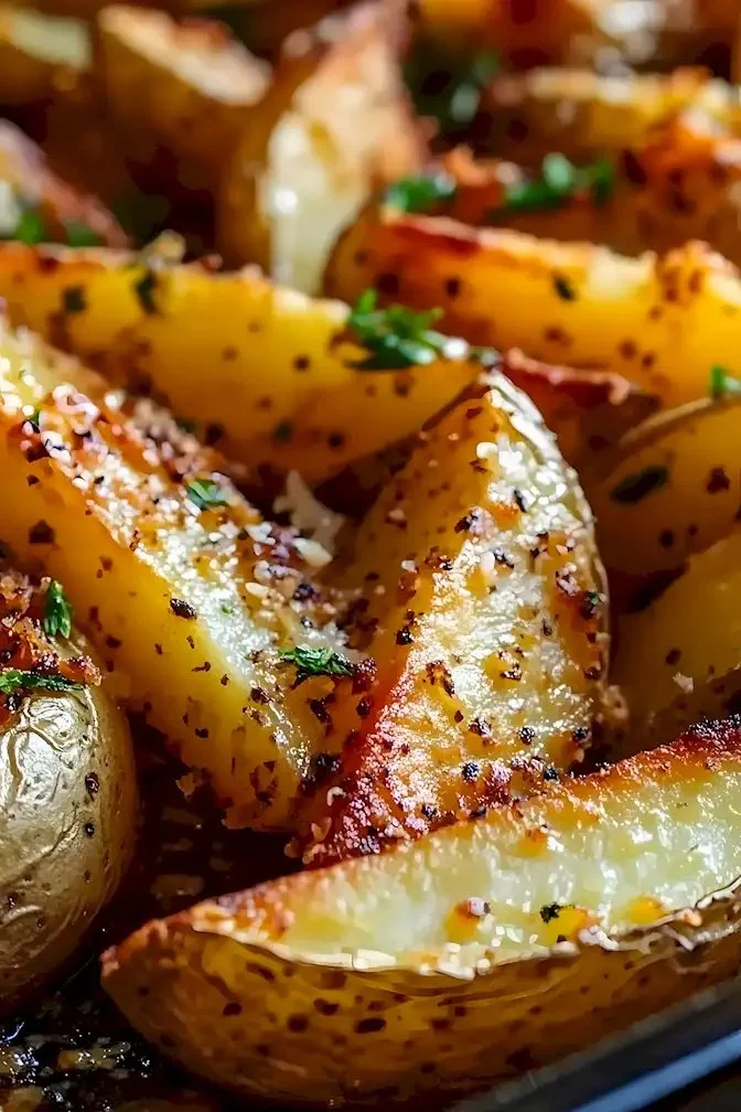 Überbackene Knoblauch-Parmesan-Kartoffelspalten serviert auf einem Teller