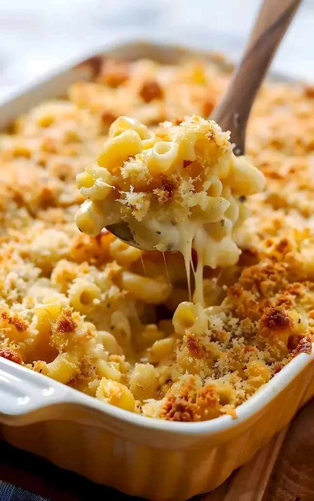 Überbackene Macaroni und Käse frisch aus dem Ofen serviert.