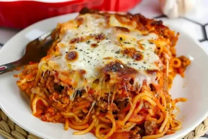 Überbackener Spaghetti-Auflauf mit Käse und Tomatensauce