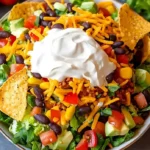 Ultimativer Dorito-Taco-Salat frisch auf einem Teller serviert