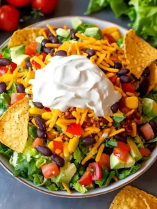 Ultimativer Dorito-Taco-Salat frisch auf einem Teller serviert