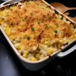 Leckeres Hähnchenauflauf-Gericht mit Gemüse und Käse überbacken