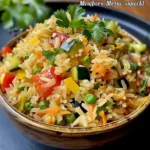 Leckeres Gericht mit vegetarischem Reis und frischen Zutaten