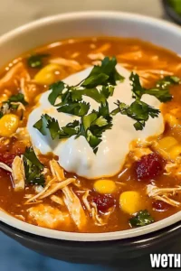 Weight Watchers Hähnchen-Enchilada-Suppe in einer Schüssel mit frischen Zutaten