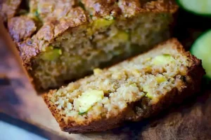 Zucchini-Ananas-Brot frisch gebacken auf einem Holzbrett