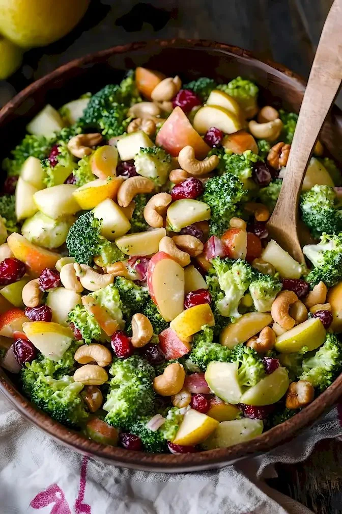 Leckeres Brokkolisalat mit Cashewnüssen, Äpfeln, Birnen und Cranberries