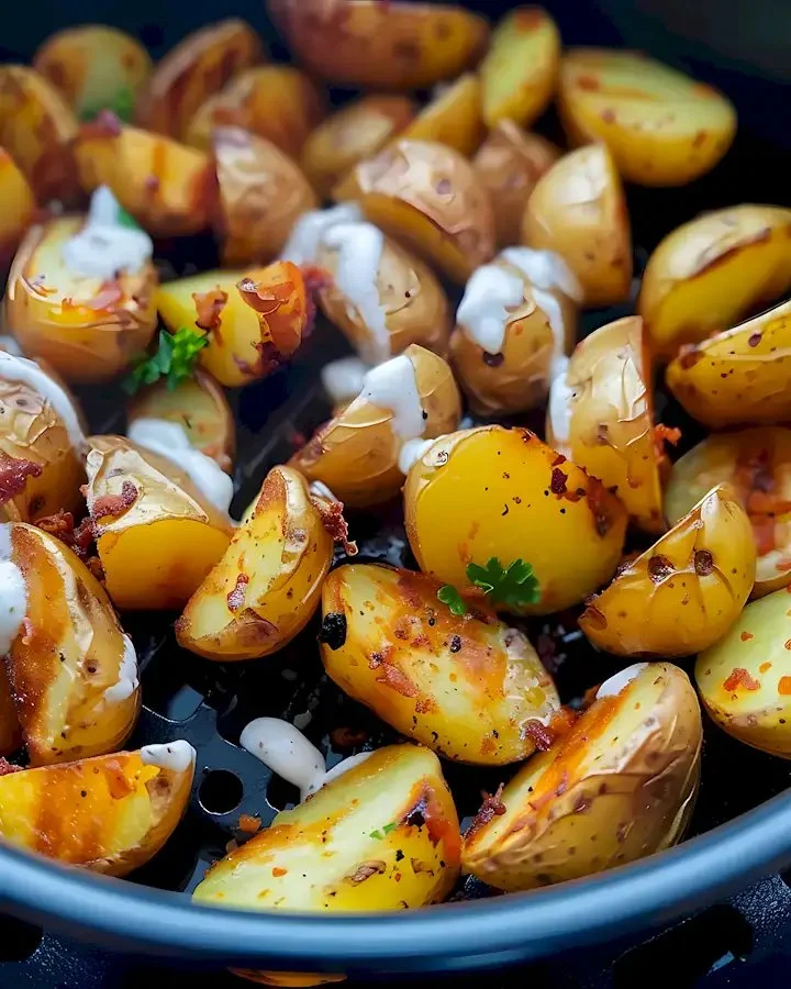 Buffalo-Ranch Kartoffeln auf einem Teller, garniert mit frischen Kräutern