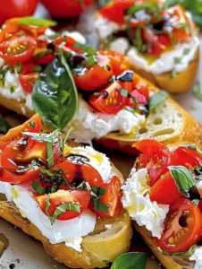 Burrata Bruschettas mit frischen Zutaten auf rustikalem Brot