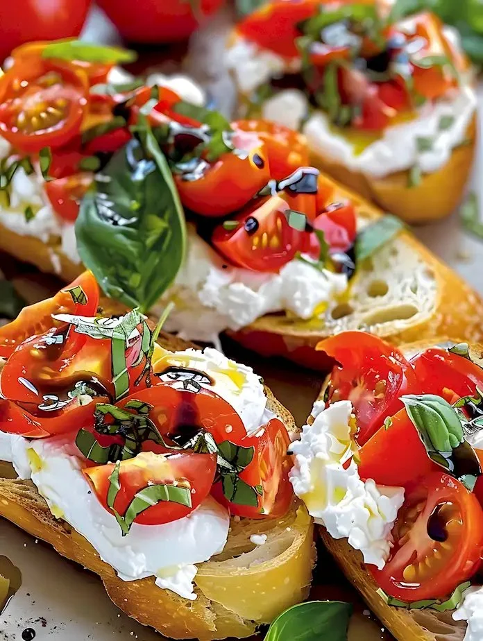 Burrata Bruschettas mit frischen Zutaten auf rustikalem Brot