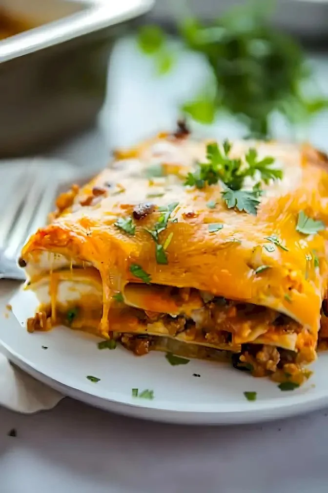 Burrito-Auflauf mit Käse, Bohnen und Gemüse frisch gebacken