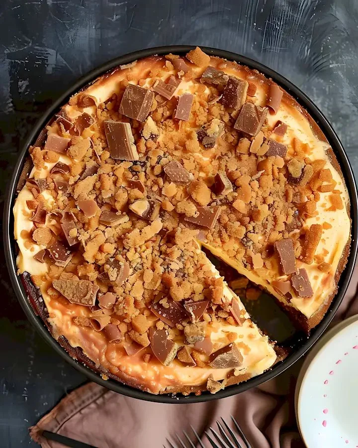 Butterfinger-Käsekuchen mit Schokoladenstückchen und Karamell-Drizzle