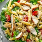 Leckerer Caesar Pasta Salat mit frischen Zutaten und cremigem Dressing.