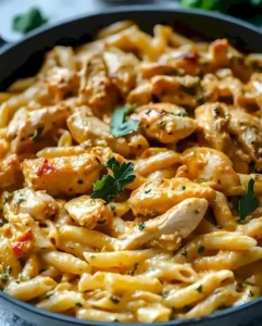 Cajun-Hähnchen-Pasta auf einem Teller mit Kräutern garniert
