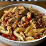 Cajun-Hühnchen-Pasta mit Gewürzen und frischen Zutaten auf einem Teller