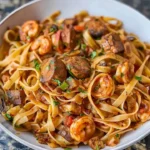 Cajun Jambalaya Pasta mit Garnelen, Wurst und würziger Sauce