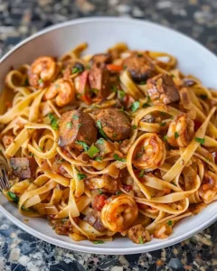 Cajun Jambalaya Pasta mit Garnelen, Wurst und würziger Sauce