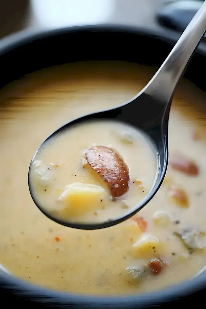 Schüssel mit Cajun Kartoffelsuppe, frisch serviert mit Kräutern.