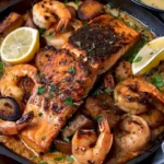 Cajun Lachs Garnelen Gericht auf einem Teller serviert