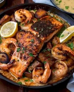 Cajun Lachs Garnelen Gericht auf einem Teller serviert