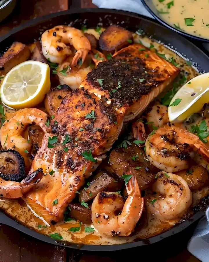 Cajun Lachs Garnelen Gericht auf einem Teller serviert