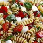 Teller mit Caprese-Pasta-Salat, verziert mit Basilikum und Tomaten