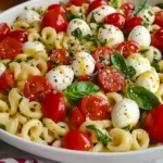 Leckerer Caprese Pasta-Salat auf einem Teller, ideal für Sommerabende