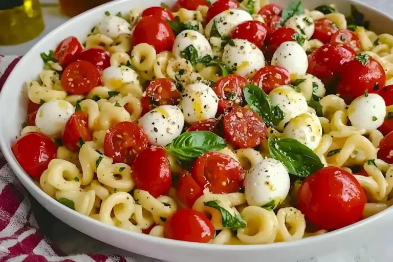 Leckerer Caprese Pasta-Salat auf einem Teller, ideal für Sommerabende