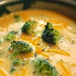 Cremige Brokkolisuppe mit Käse in einer Schale serviert.