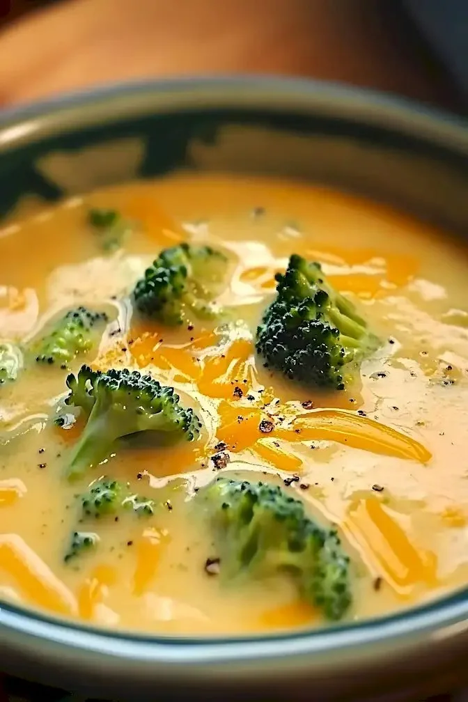 Cremige Brokkolisuppe mit Käse in einer Schale serviert.