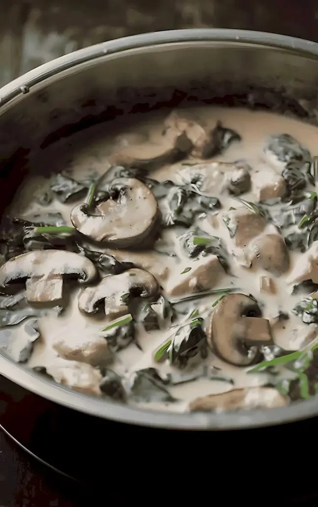 Cremiges Hühnchen mit Spinat und Pilzen in einer Schüssel serviert