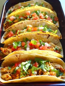 Fertige Baked Chicken Tacos auf einem Teller serviert