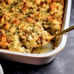 Leckeren Hähnchenauflauf mit Füllung auf einem Teller serviert.