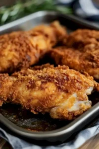 Leckeres, gebratenes Frittierhähnchen auf einem Teller serviert.