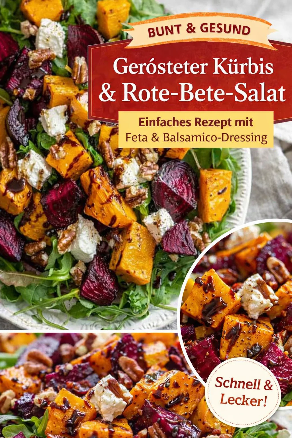 Gesunder Kürbis Rote Bete Salat für die Herbstzeit - Entdecke den perfekten Herbstgenuss mit diesem warmen Kürbis Rote Bete Salat! Voller herzhafter Aromen und gesunder Zutaten, ist er nicht nur sättigend, sondern auch leicht zubereitet. Lass die kühlen Tage mit diesem Soulfood erhellen und überrasche deine Familie oder Freunde! Probiere dieses Rezept noch heute aus und bring Farbe auf deinen Tisch. #KürbisSalat #Soulfood #Herbstrezepte