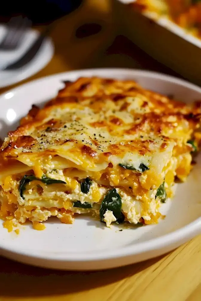 Gesunde Butternuss-Kürbis-Lasagne mit frischen Zutaten und Käse überbacken