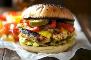 Hähnchen-Fajita-Burger mit buntem Gemüse und würziger Sauce