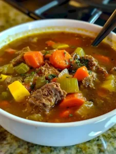 Schüssel mit Hähnchen Gemüsesuppe und frischen Kräutern