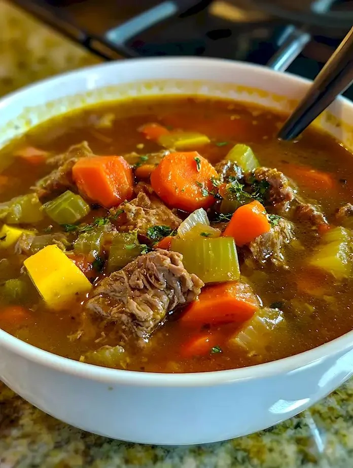 Schüssel mit Hähnchen Gemüsesuppe und frischen Kräutern