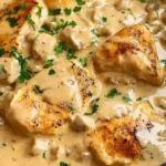 Leckeres Hähnchen-Stroganoff serviert auf einem Teller