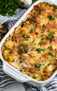 Hähnchen Kartoffelauflauf frisch aus dem Ofen, appetitlich angerichtet