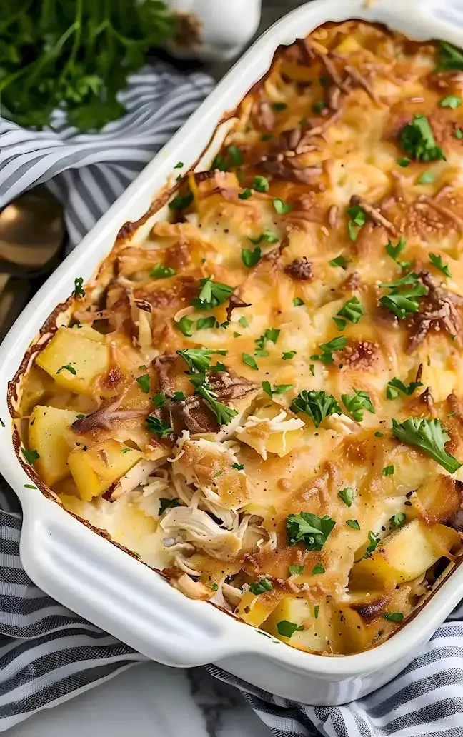 Hähnchen Kartoffelauflauf frisch aus dem Ofen, appetitlich angerichtet